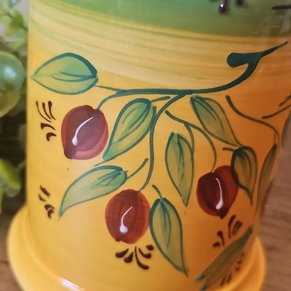Hand-Painted Yellow Ceramic Utensil Holder with Olive Motif NWOT